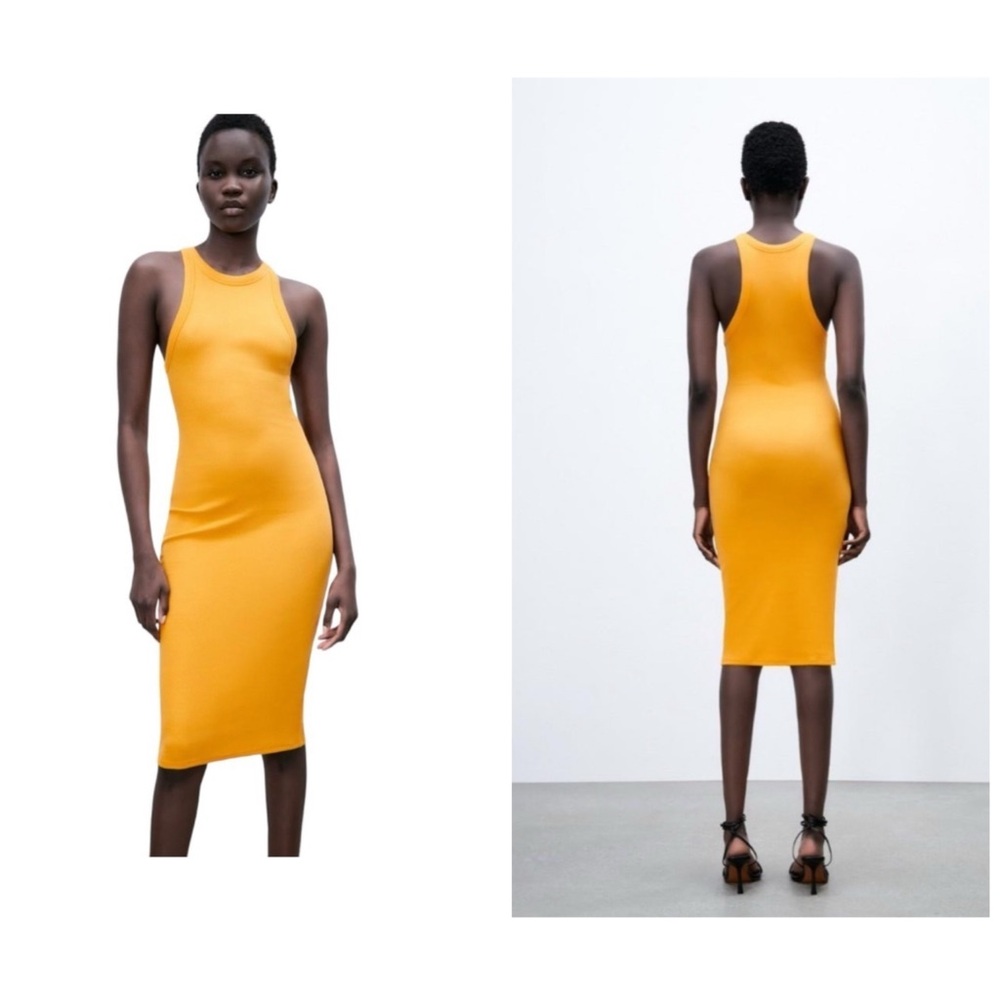 Zara Women’s Size S Yellow Ribbed Bodycon Midi Dress Racerback Trendy Chic